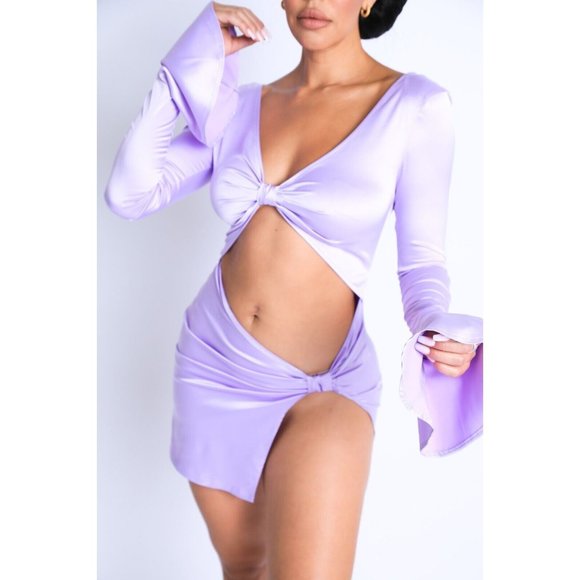 Women's Satin Flared Sleeves Cut Out Detailed Mini Dress Party Club Dress - Picture 1 of 11